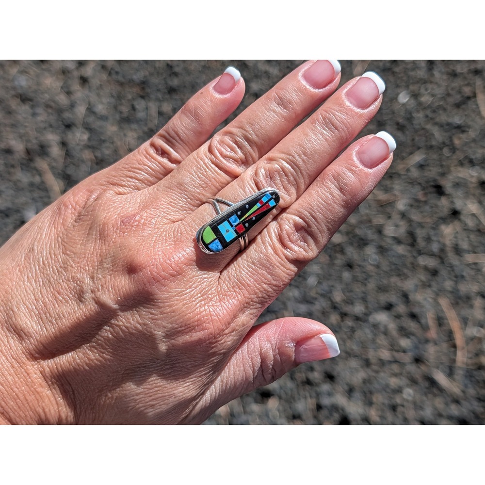 Handmade Zuni Inlay Ring by Gilbert Smith Adjustable Sterling Silver Night Day - Picture 8 of 9